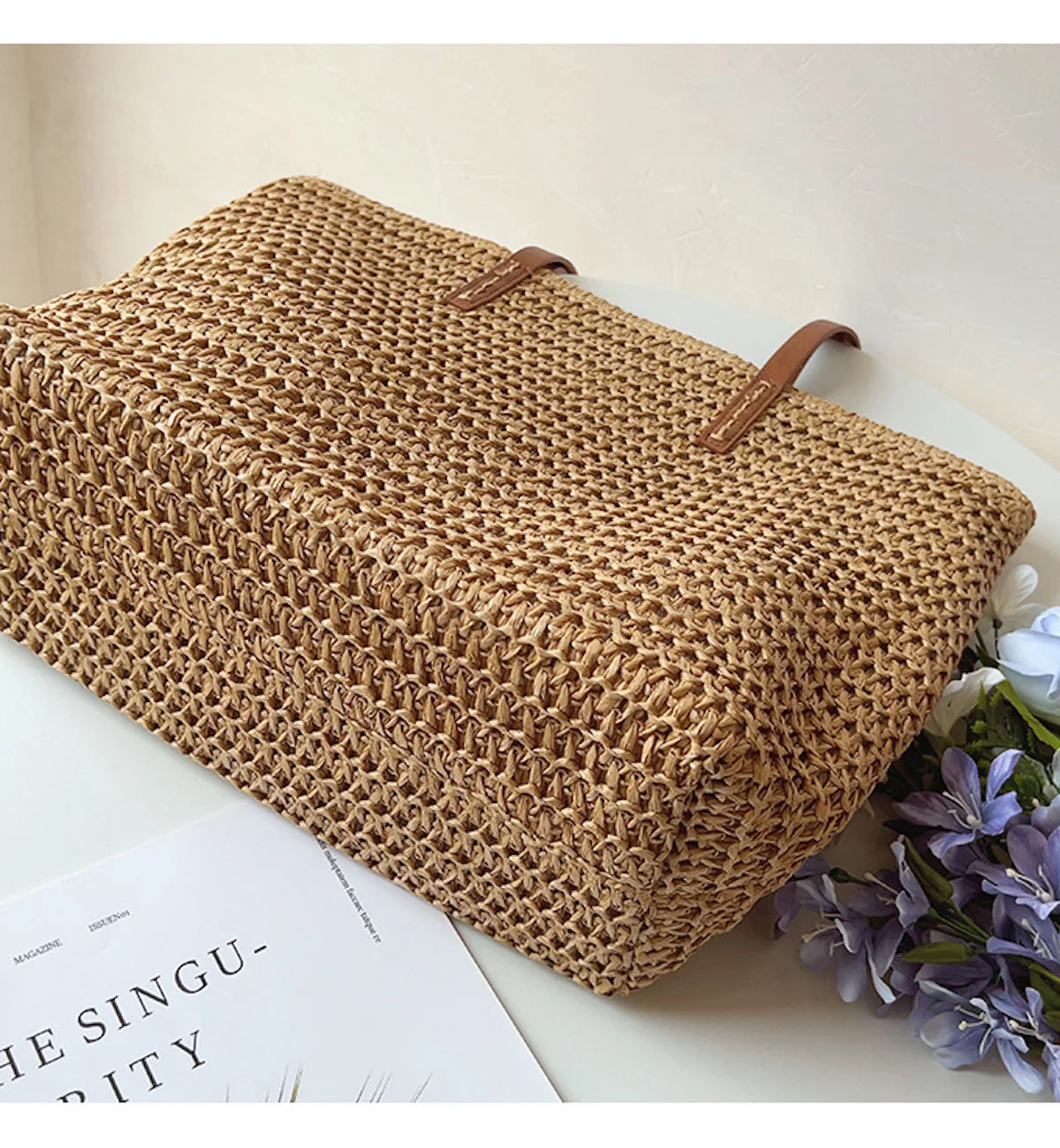 Tote Bag Handwoven Rattan Leather Handles & Zip Pocket