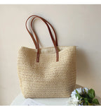 Tote Bag Handwoven Rattan Leather Handles & Zip Pocket