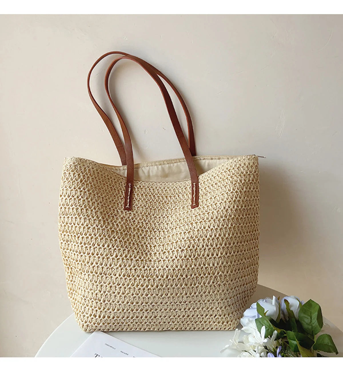 Tote Bag Handwoven Rattan Leather Handles & Zip Pocket