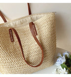 Tote Bag Handwoven Rattan Leather Handles & Zip Pocket