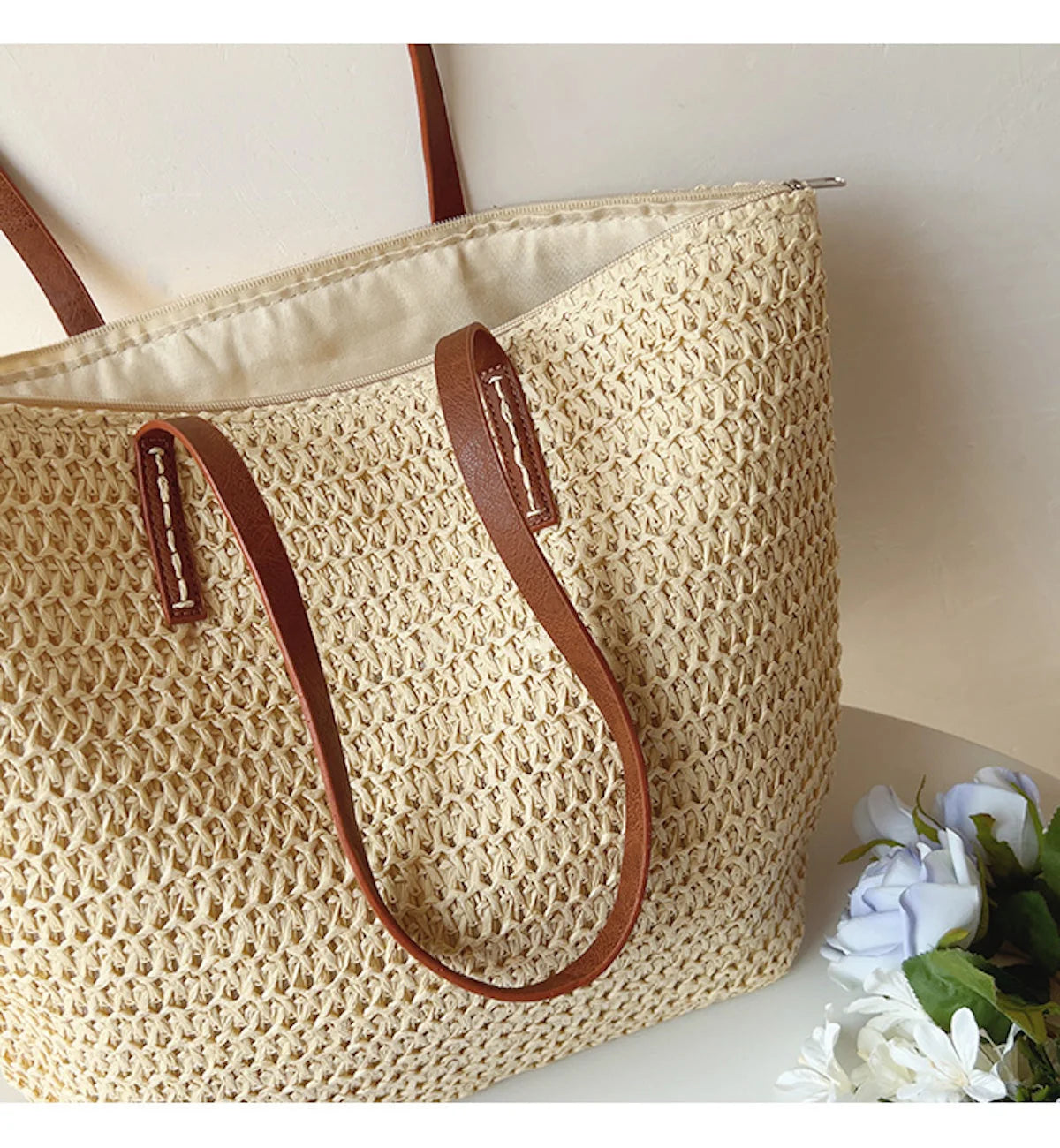 Tote Bag Handwoven Rattan Leather Handles & Zip Pocket