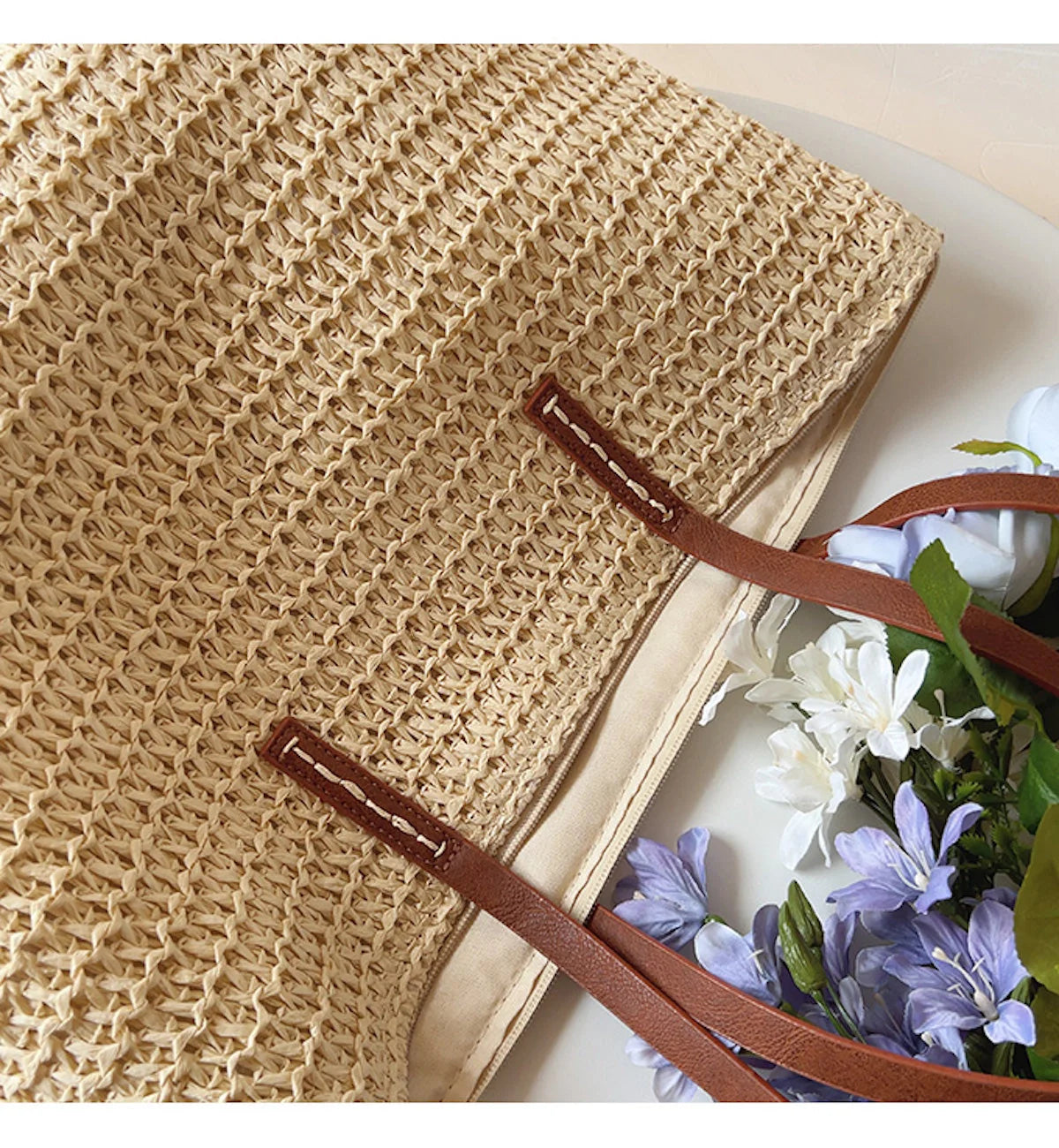 Tote Bag Handwoven Rattan Leather Handles & Zip Pocket