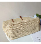 Tote Bag Handwoven Rattan Leather Handles & Zip Pocket