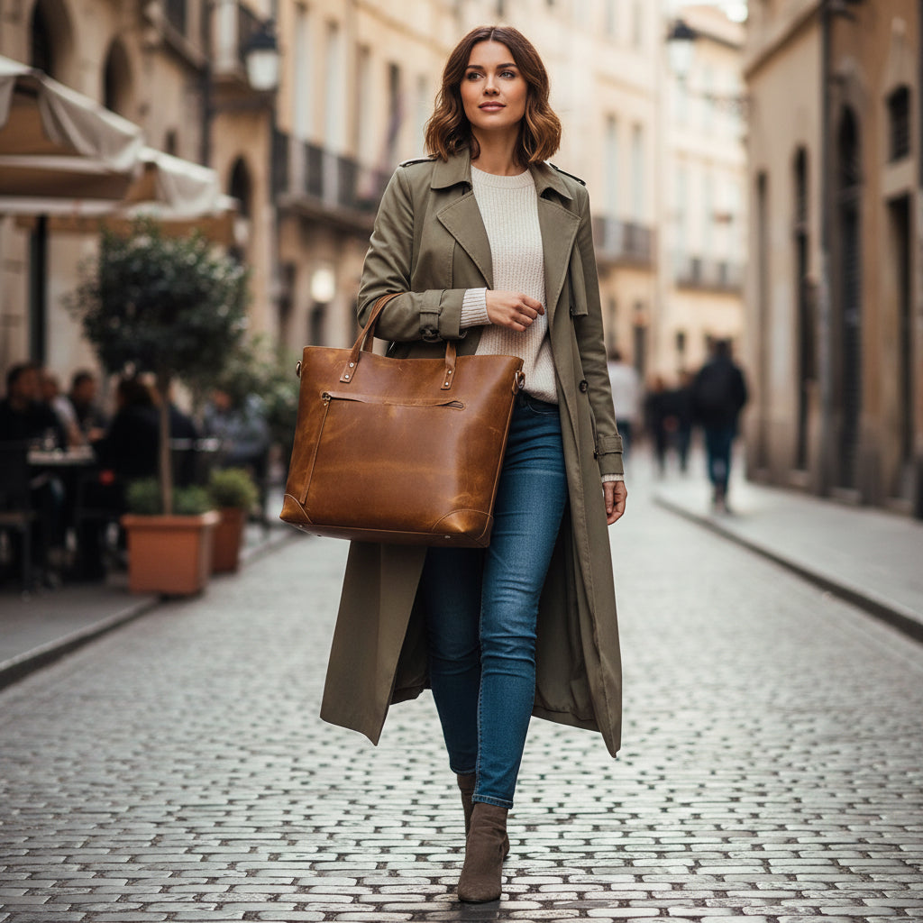 Tote Bag Large Leather Zippered Detachable Strap