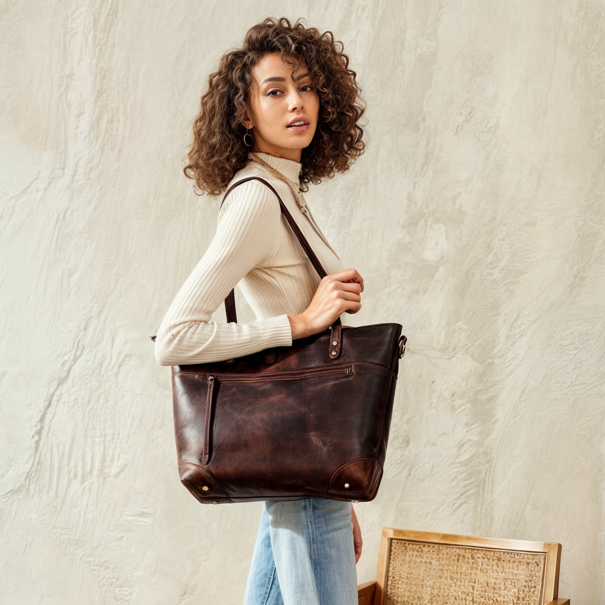 Tote Bag Leather Vintage-Inspired Adjustable Strap
