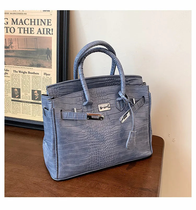 Tote Bag Stone-Texture Faux Leather Detachable Strap