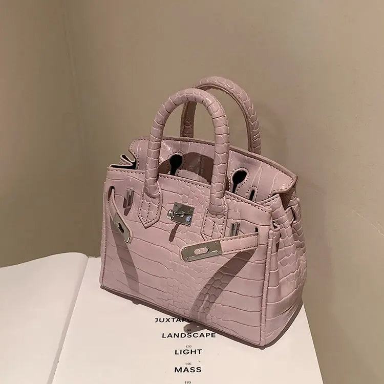 Tote Bag Stone-Texture Faux Leather Detachable Strap
