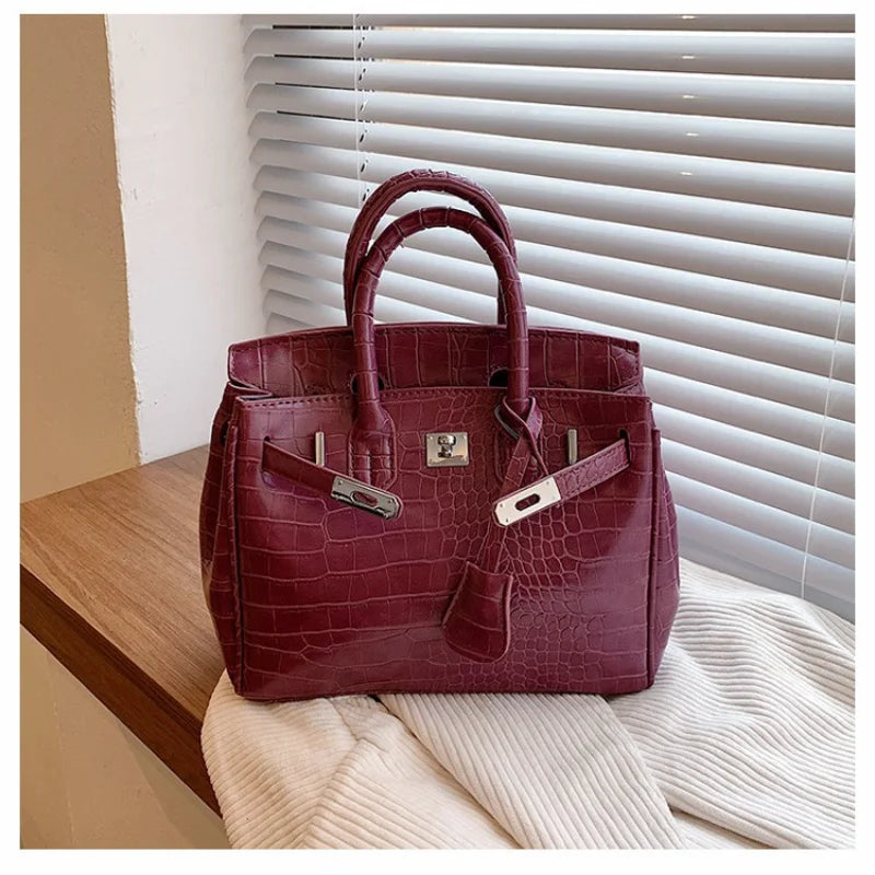 Tote Bag Stone-Texture Faux Leather Detachable Strap