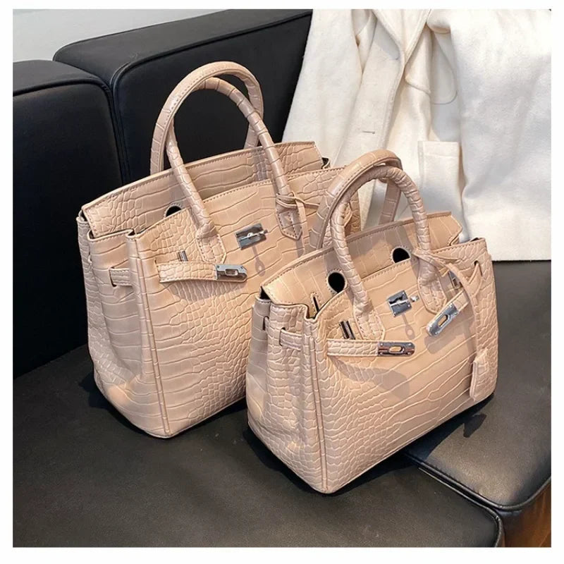 Tote Bag Stone-Texture Faux Leather Detachable Strap