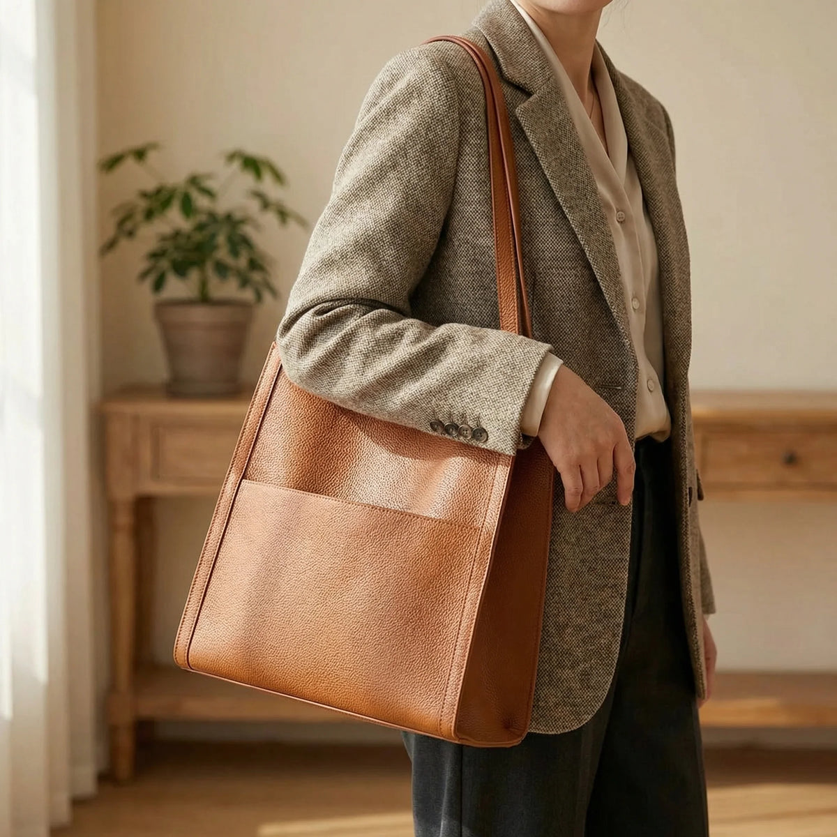 Tote Bag Structured Base Pebbled Vegan Leather