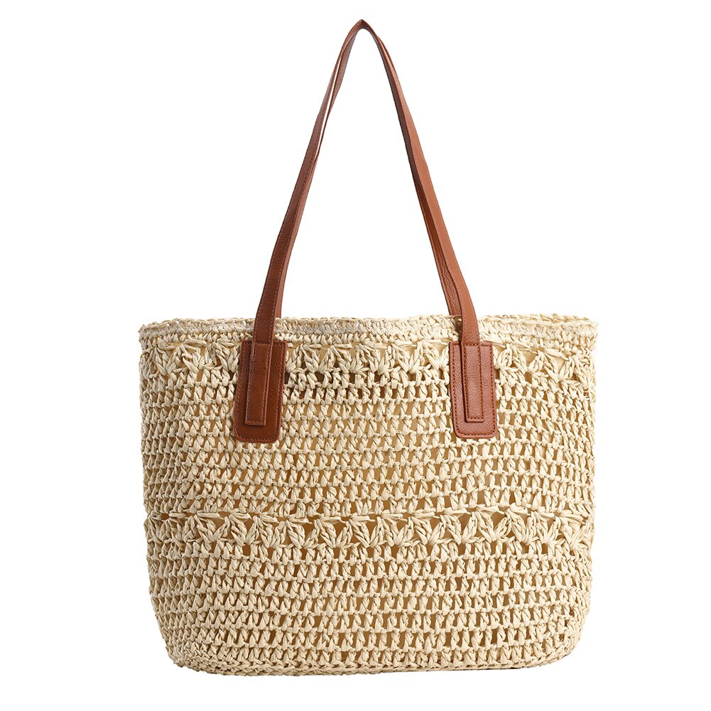 Tote Bag Woven Straw Leather Straps Spacious Interior