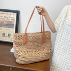 Tote Bag Woven Straw Leather Straps Spacious Interior