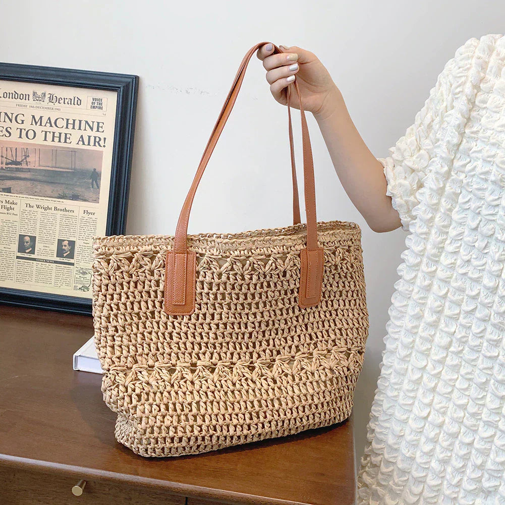 Tote Bag Woven Straw Leather Straps Spacious Interior
