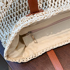 Tote Bag Woven Straw Leather Straps Spacious Interior
