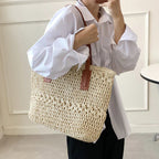 Tote Bag Woven Straw Leather Straps Spacious Interior