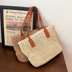 Tote Bag Woven Straw Leather Straps Spacious Interior