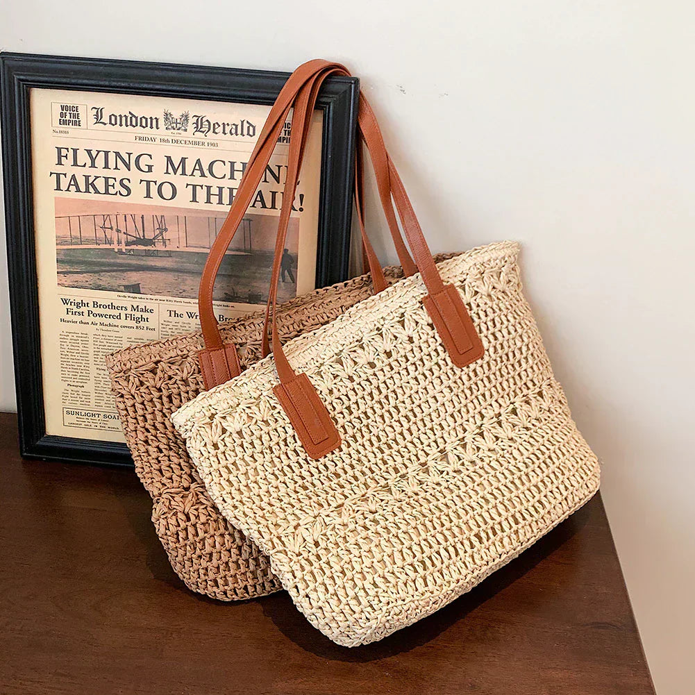 Tote Bag Woven Straw Leather Straps Spacious Interior