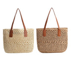 Tote Bag Woven Straw Leather Straps Spacious Interior