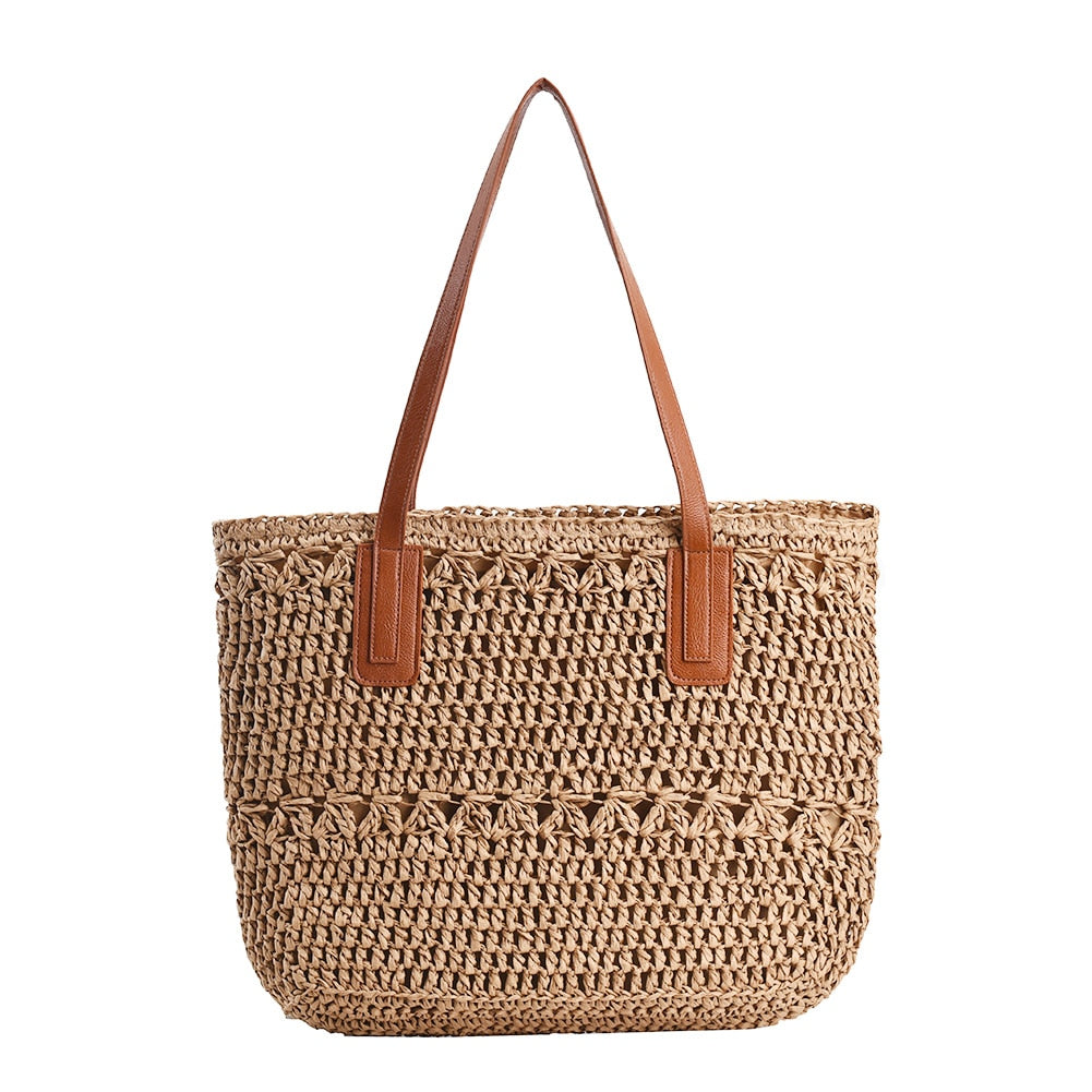 Tote Bag Woven Straw Leather Straps Spacious Interior
