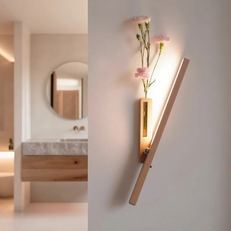 Touch-Dimmable Wood Wall Light (Built-In Vase)