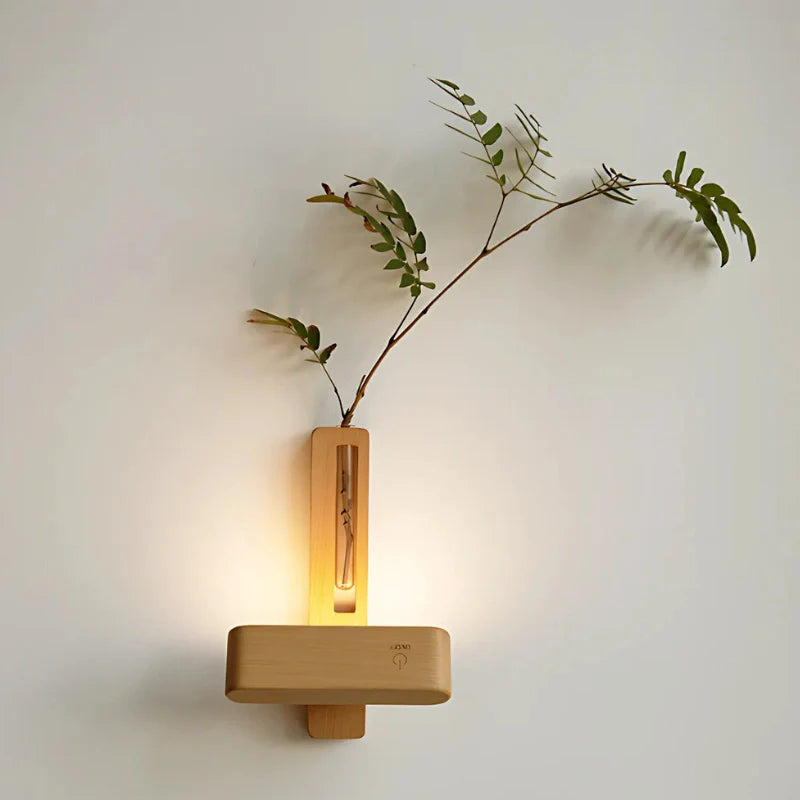 Touch-Dimmable Wood Wall Light (Built-In Vase)