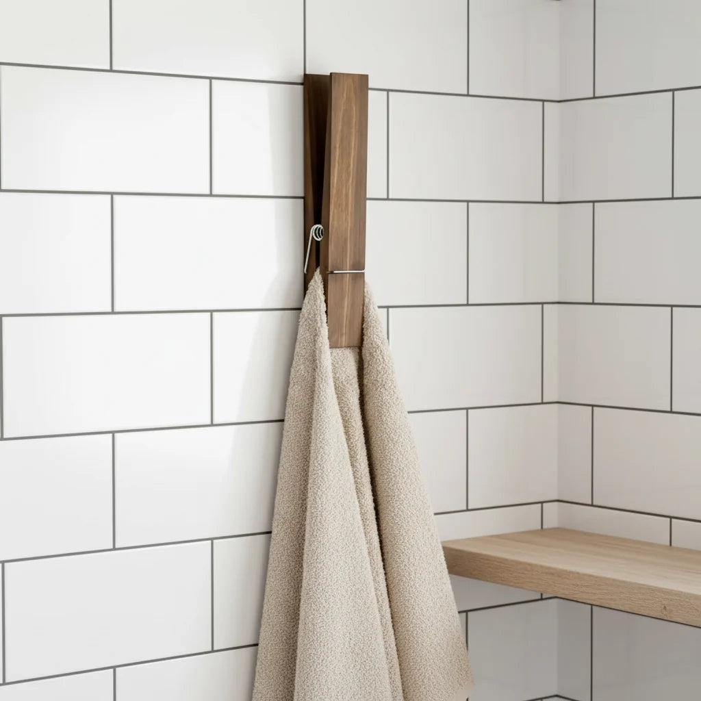 Towel Clip Wall-Mounted Natural Wood & Metal Spring