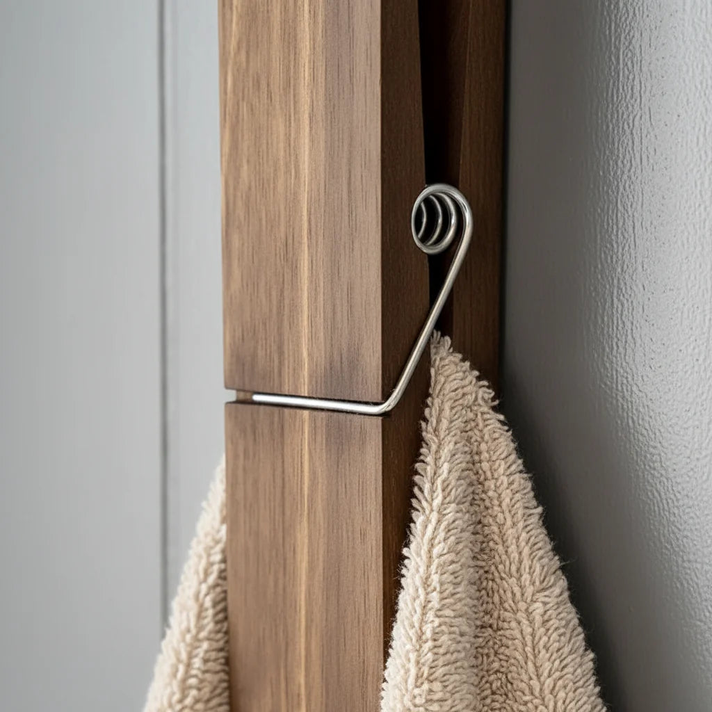 Towel Clip Wall-Mounted Natural Wood & Metal Spring