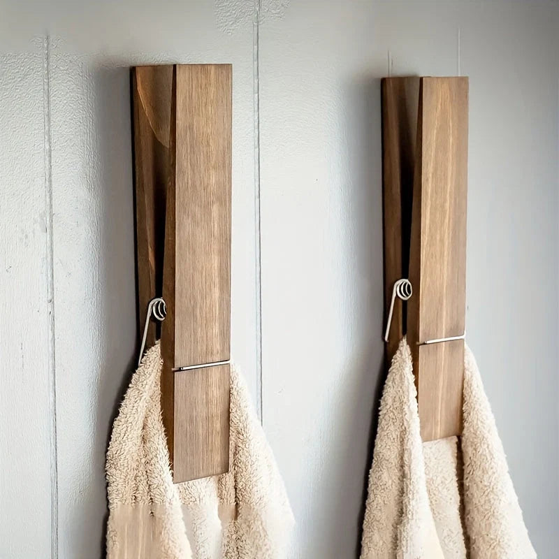 Towel Clip Wall-Mounted Natural Wood & Metal Spring