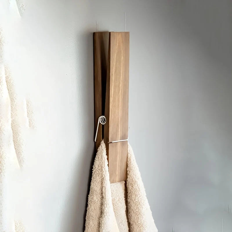 Towel Clip Wall-Mounted Natural Wood & Metal Spring