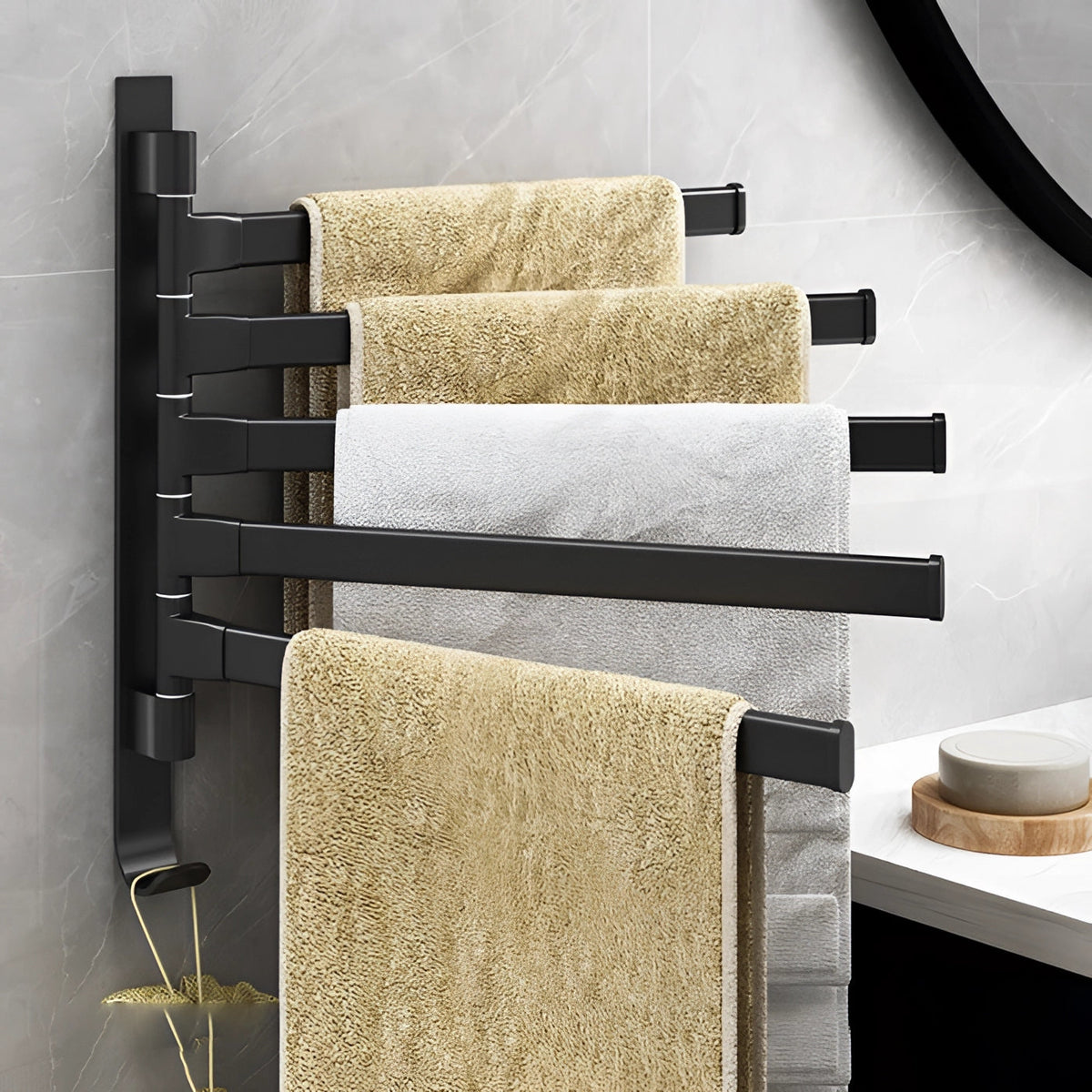 Towel Rack 5 Swivel Arms Wall-Mounted Black Metal
