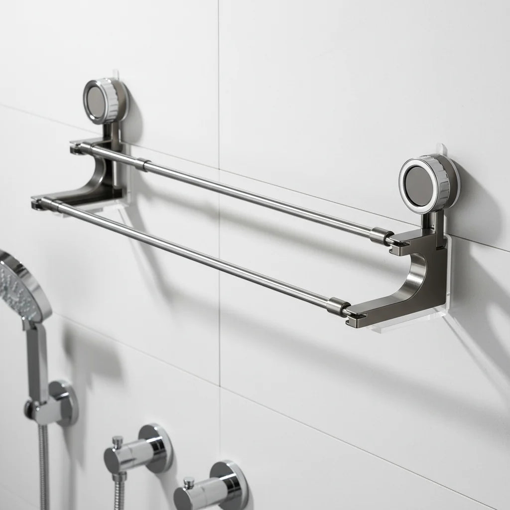 Towel Rack Double Rod Telescopic Suction Mount Stainless Steel