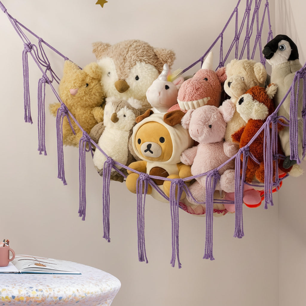 Toy Storage Hammock Handmade Macrame Space-Saving With Hooks