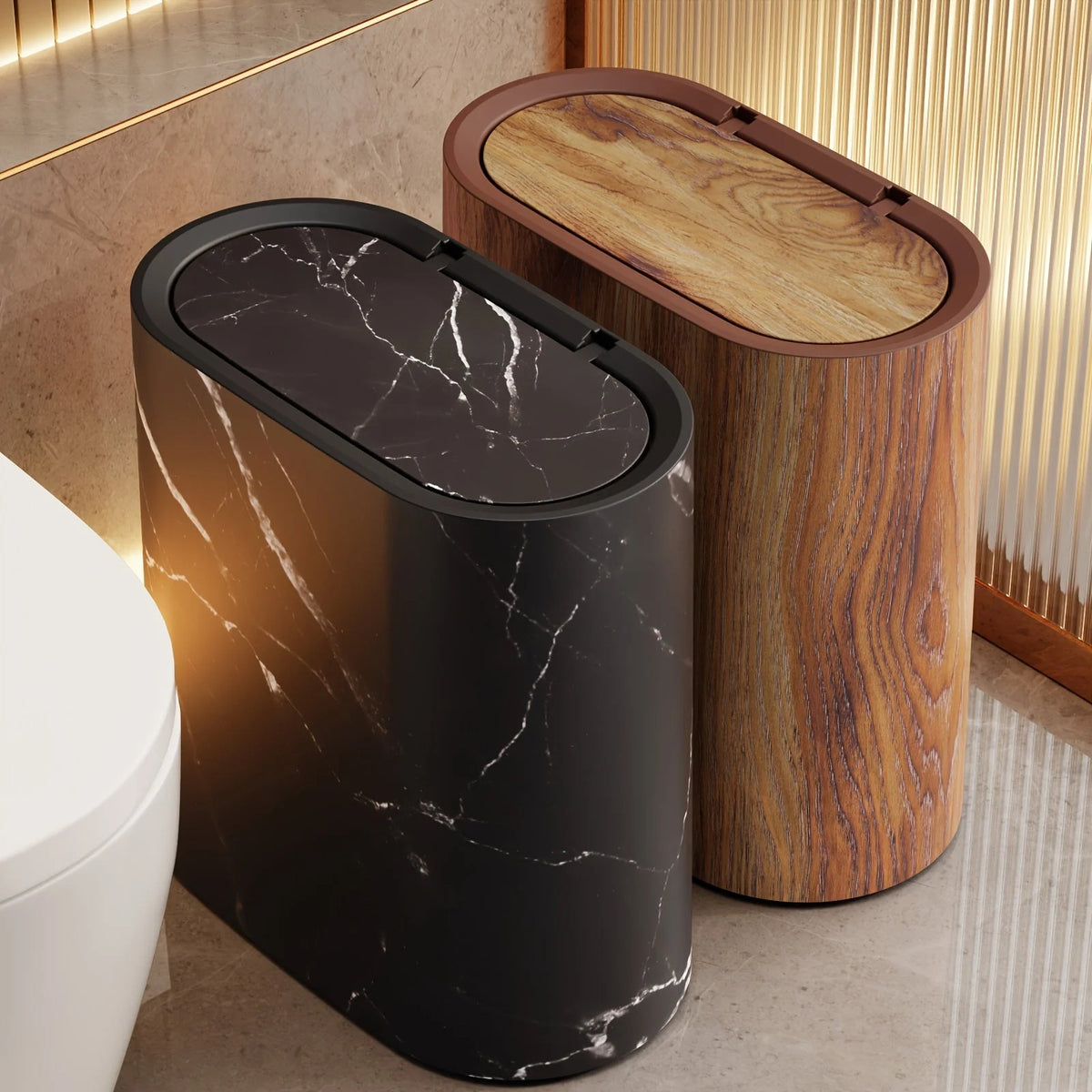 Trash Can Compact Oval Lidded Marble Finish