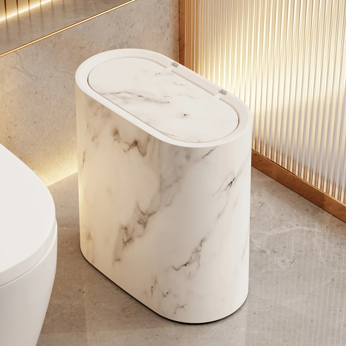 Trash Can Compact Oval Lidded Marble Finish
