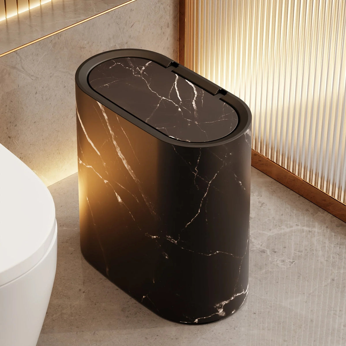 Trash Can Compact Oval Lidded Marble Finish