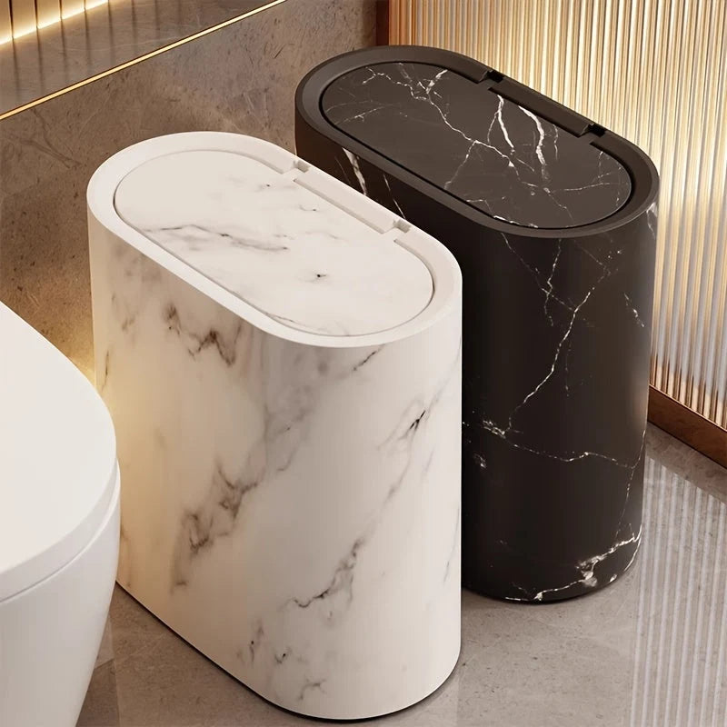 Trash Can Compact Oval Lidded Marble Finish