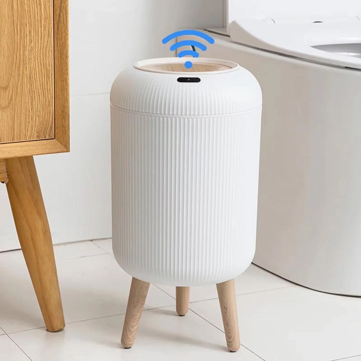 Trash Can Infrared Motion Sensor Odor-Sealed Lid Wooden Legs