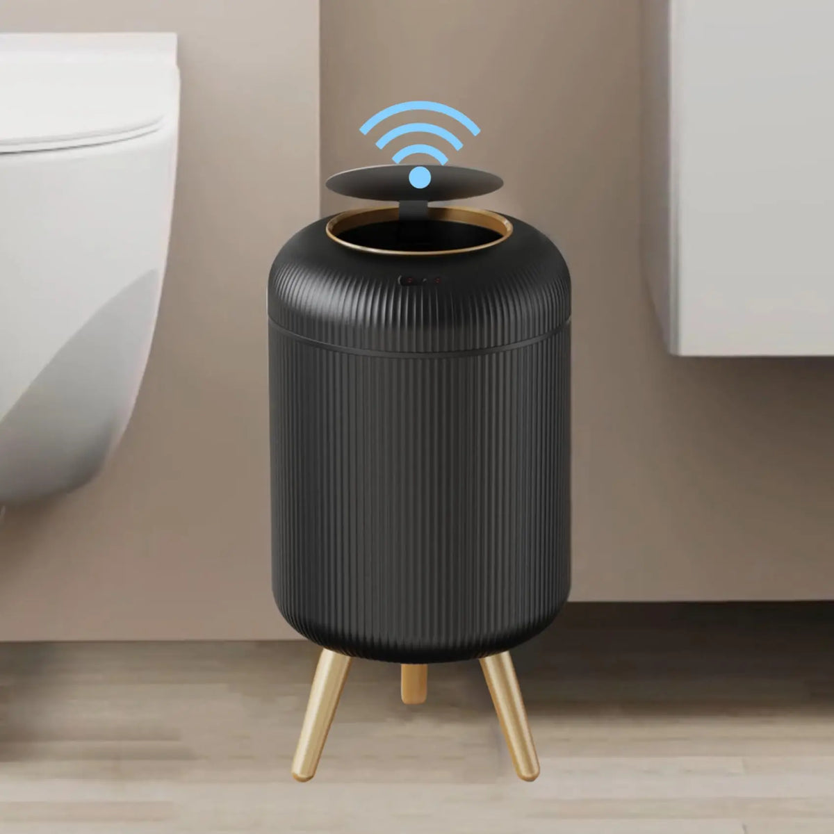 Trash Can Infrared Motion Sensor Odor-Sealed Lid Wooden Legs