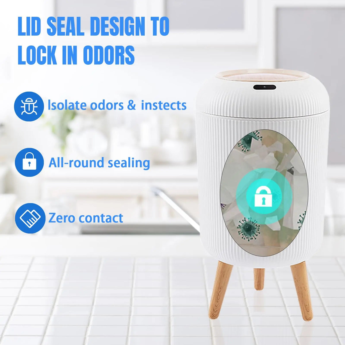 Trash Can Infrared Motion Sensor Odor-Sealed Lid Wooden Legs