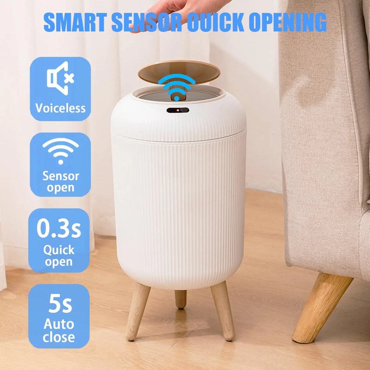 Trash Can Infrared Motion Sensor Odor-Sealed Lid Wooden Legs