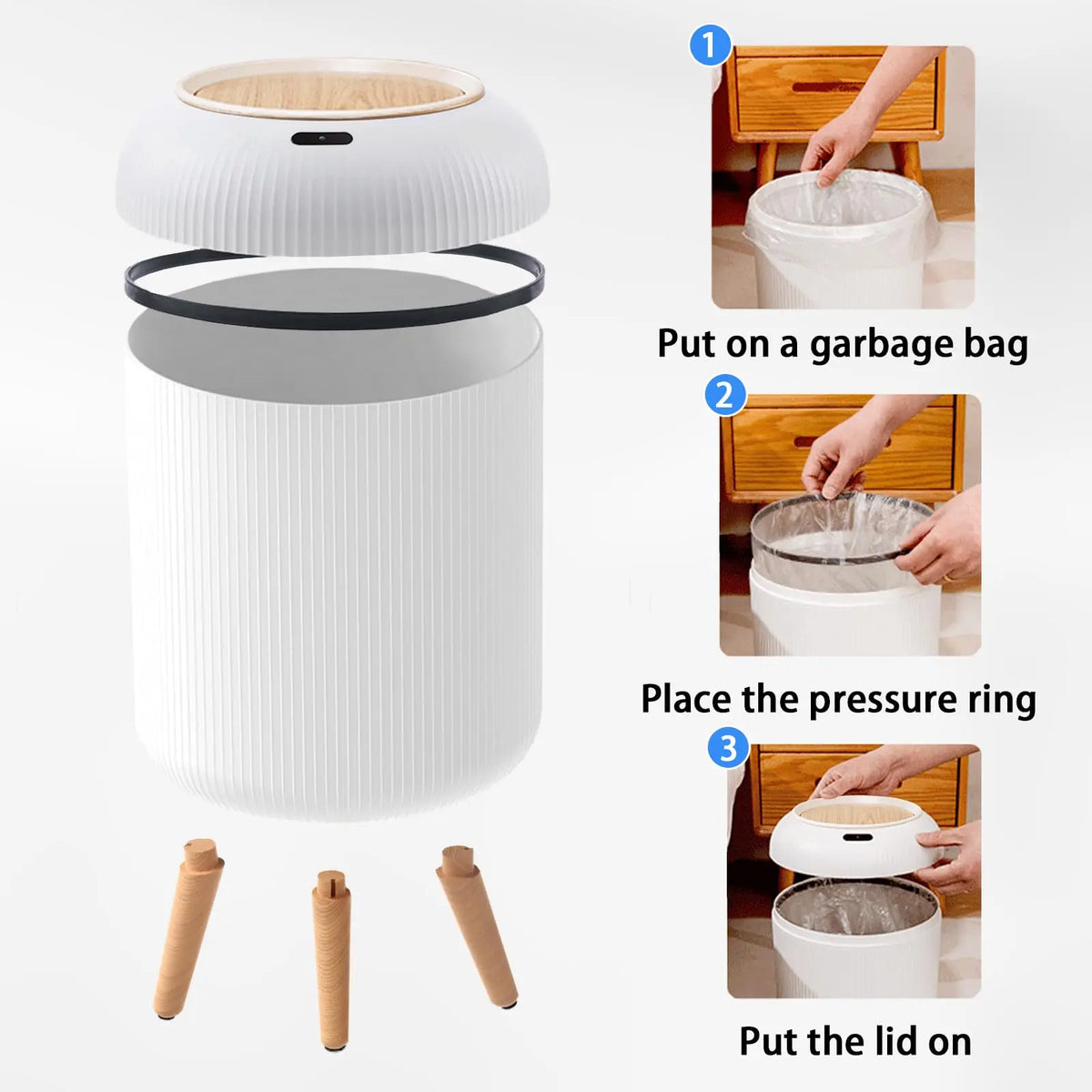 Trash Can Infrared Motion Sensor Odor-Sealed Lid Wooden Legs