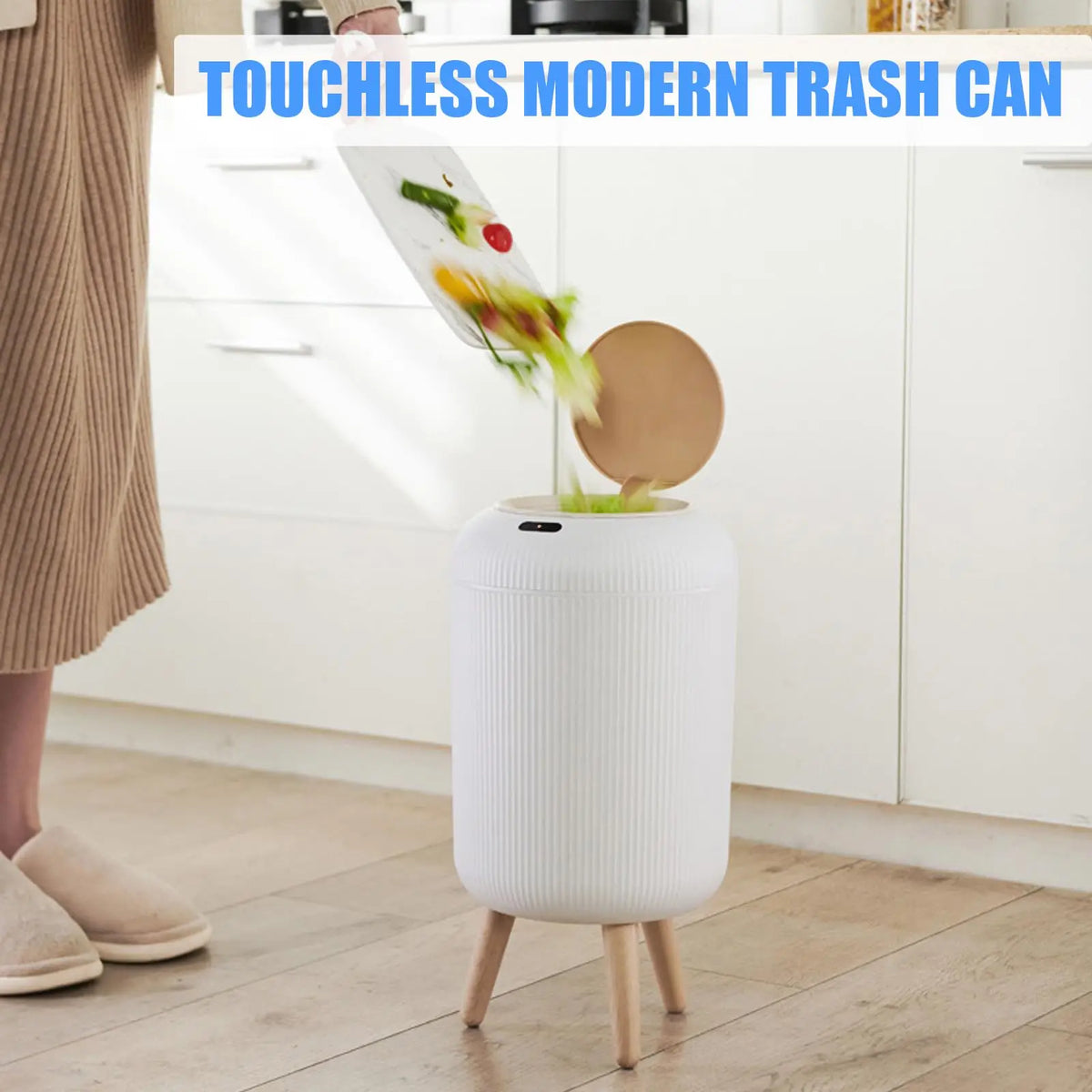 Trash Can Infrared Motion Sensor Odor-Sealed Lid Wooden Legs