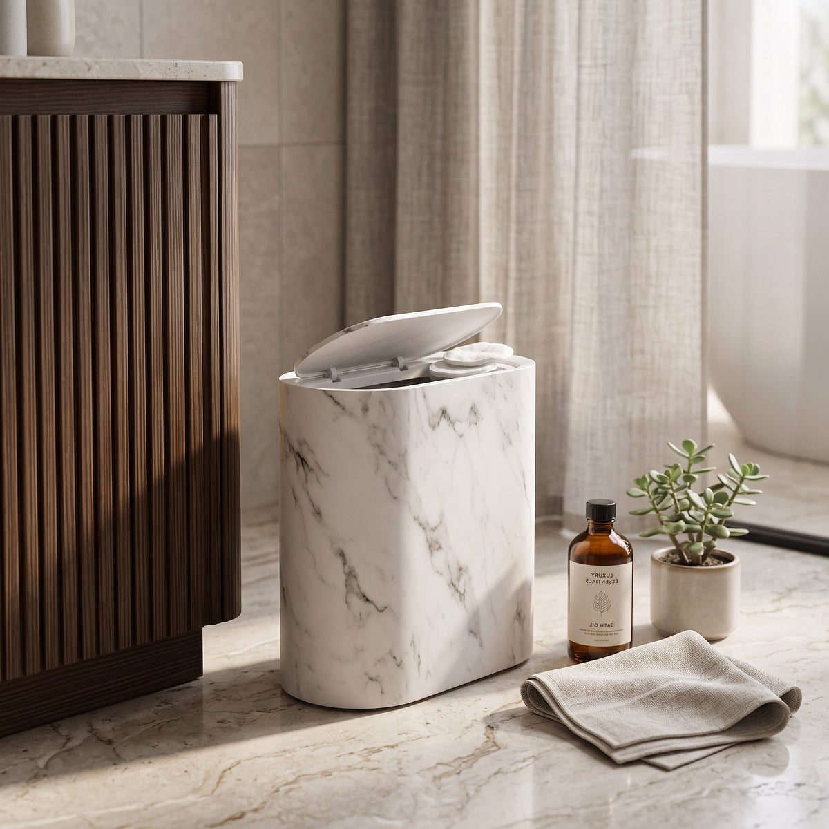 Trash Can Push-Top Space-Saving Marble Finish