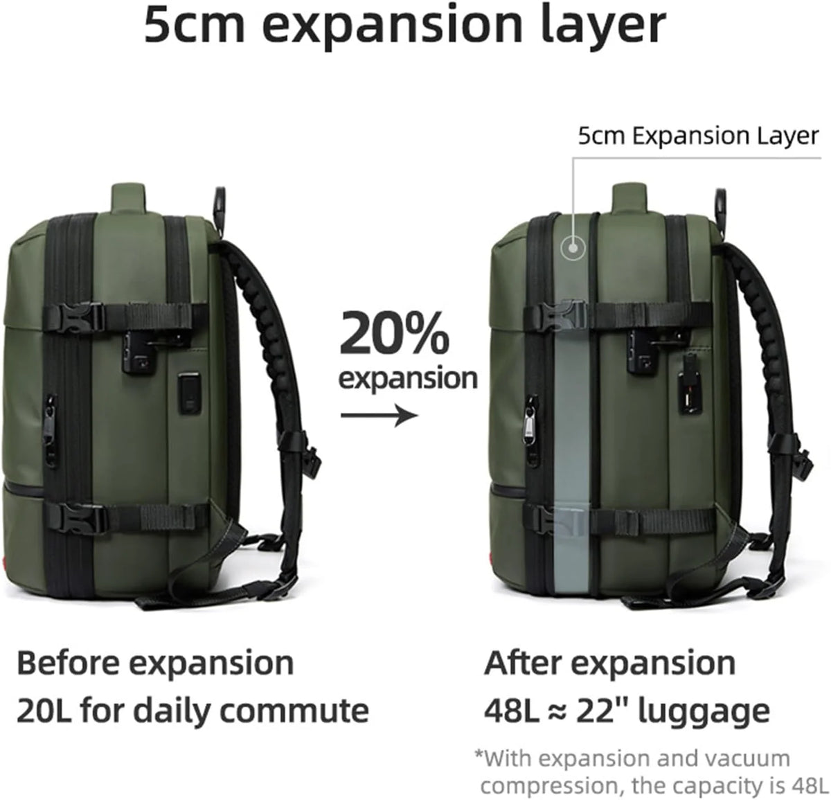 Travel Backpack 48L Expandable Vacuum Compression Waterproof