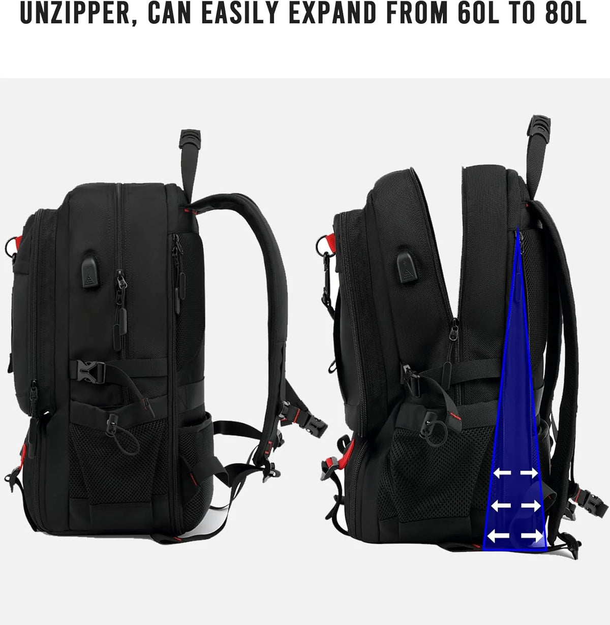 Travel Backpack 60L Expandable Waterproof Laptop & Shoe Compartment