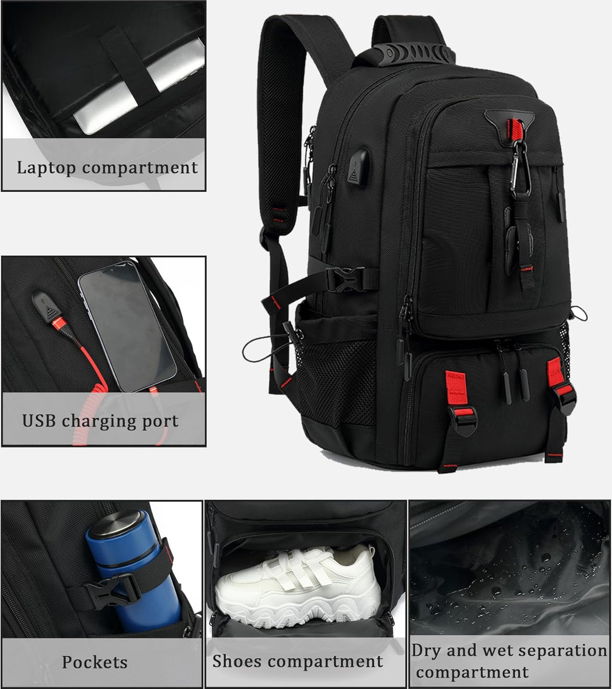 Travel Backpack 60L Expandable Waterproof USB Port