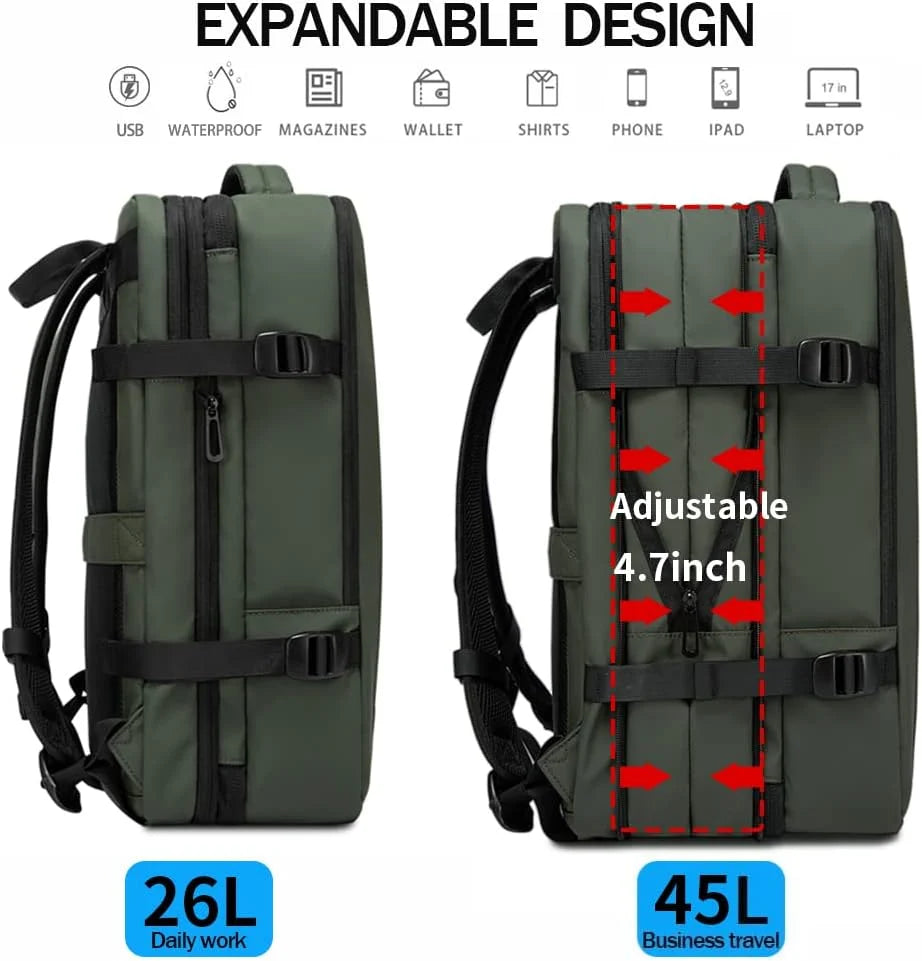 Travel Backpack Expandable 26–45L Laptop Sleeve & Anti-Theft Pocket