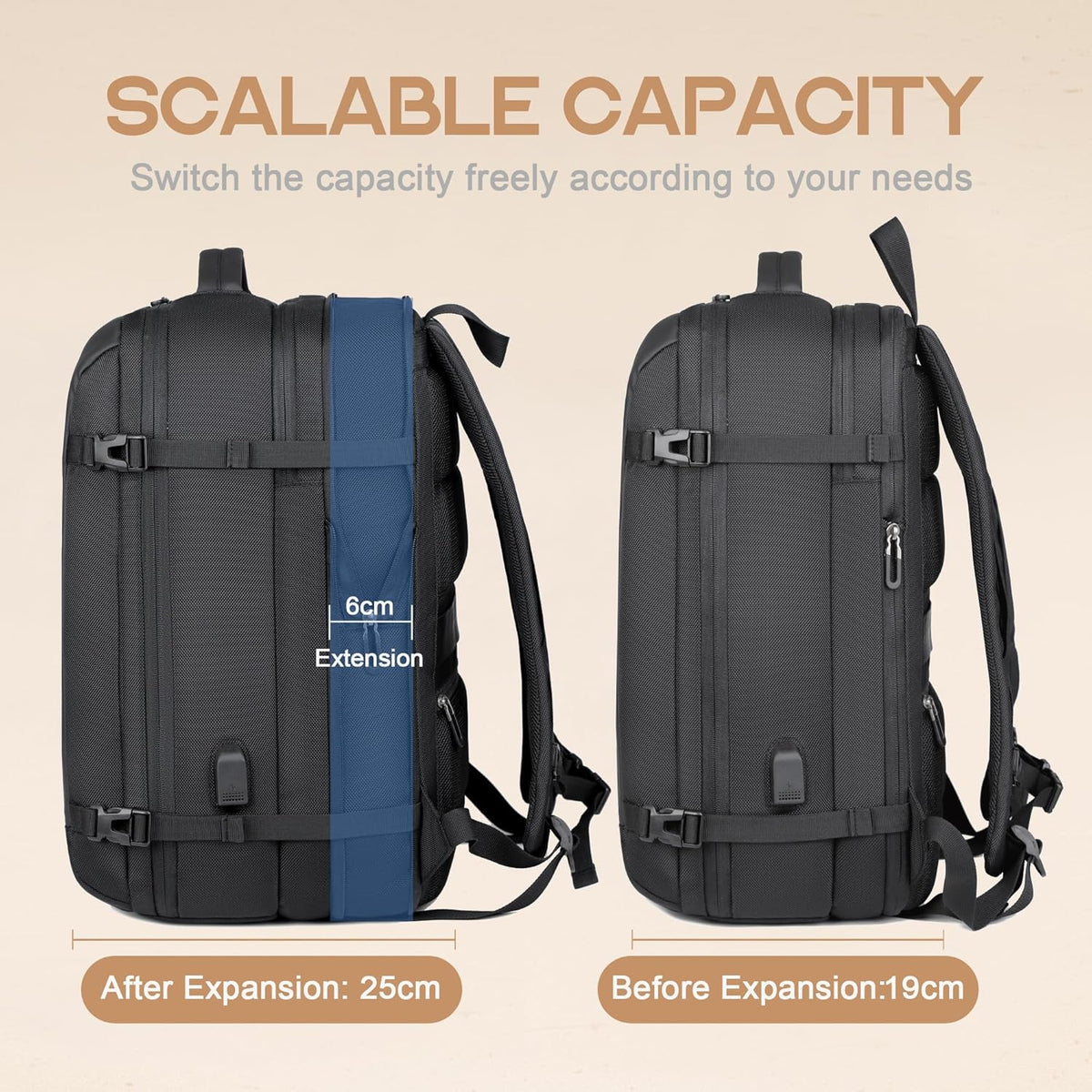 Travel Backpack Expandable 40L Water-Resistant Laptop Sleeve & USB