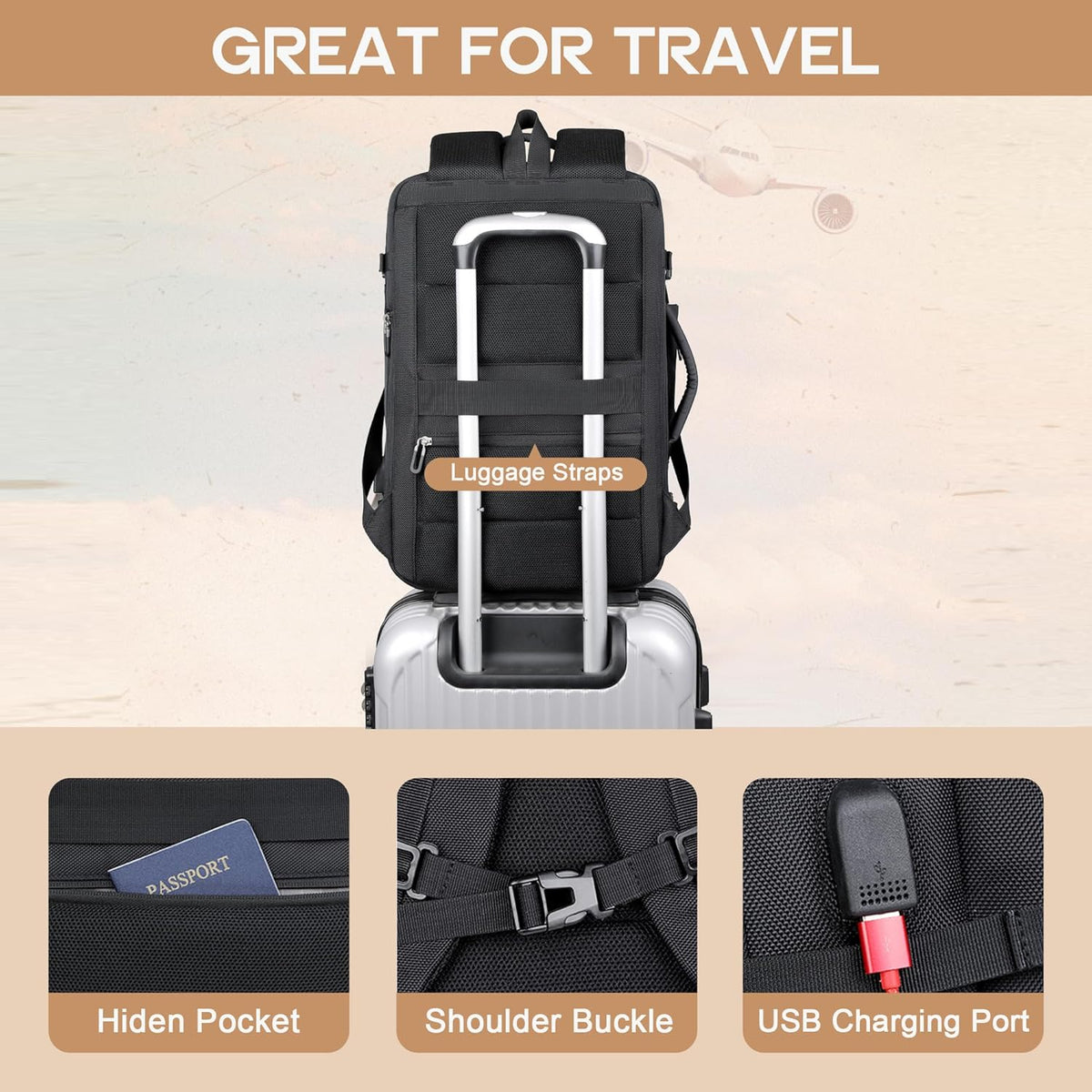 Travel Backpack Expandable 40L Water-Resistant Laptop Sleeve & USB