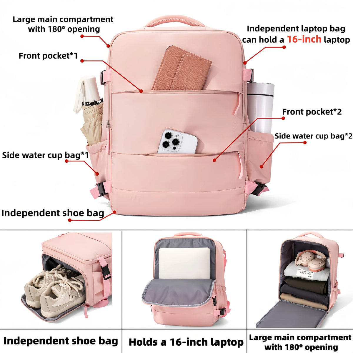 Travel Backpack Large Capacity Separate Shoe Compartment